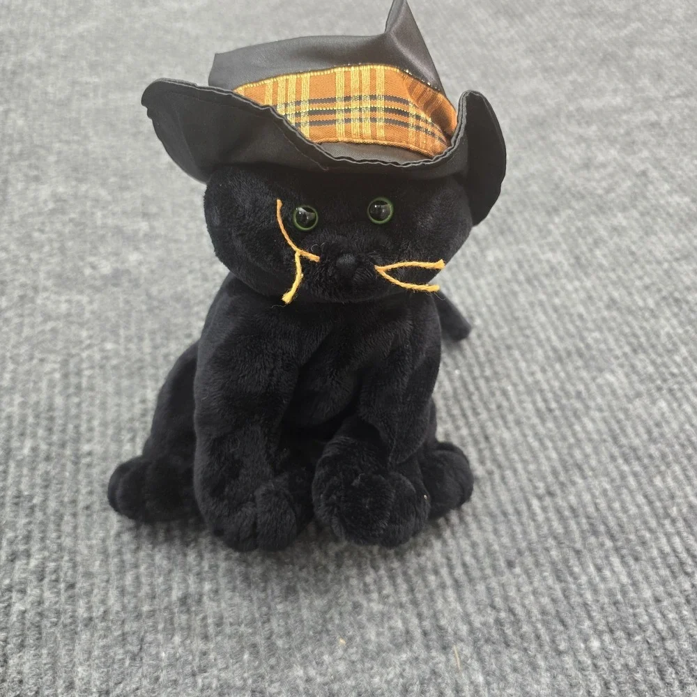Ty Pluffies Merlin Black Cat Witch Hat Tylux 2005 Plush Green Eyes Halloween